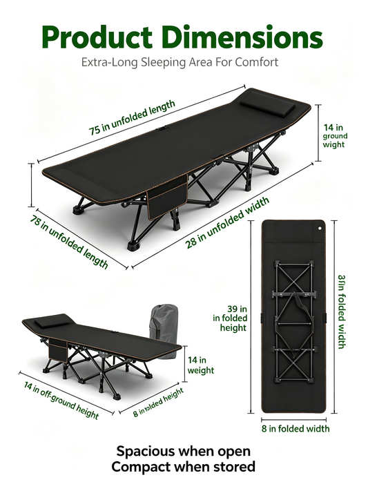 Heavy Duty Foldable Camping Bed | Portable Sturdy Guest Cot for Indoor & Outdoor Use