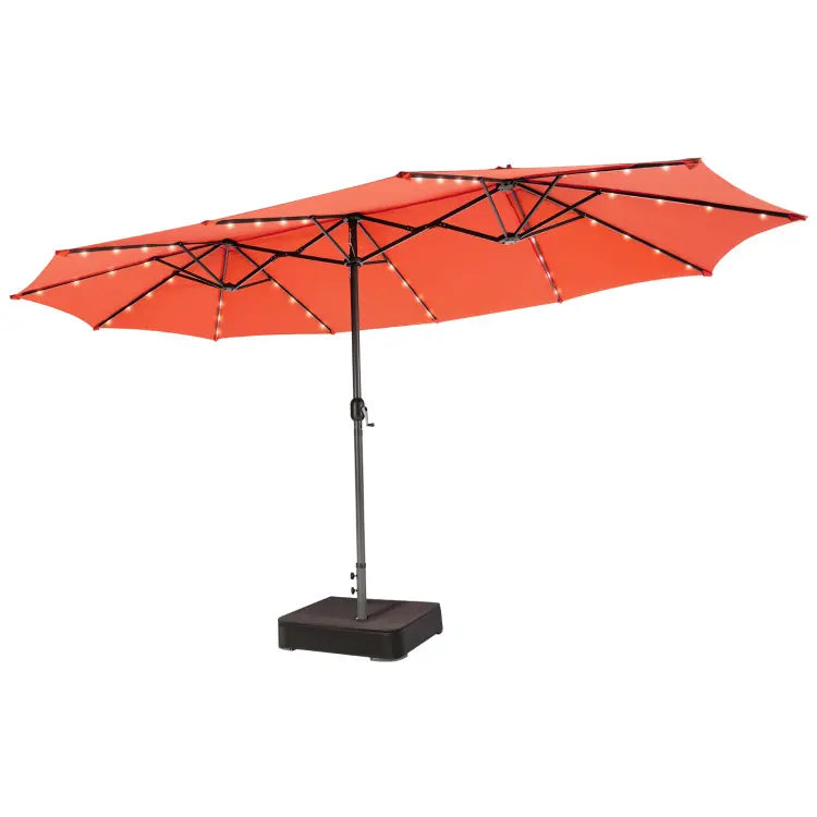 Ombrellone solare 4,5 x 4 m con base; ombrellone doppio da esterno di grandi dimensioni dotato di 36 luci LED e meccanismo a manovella: ideale per giardini, terrazze, zone piscina e spazi all'aperto.