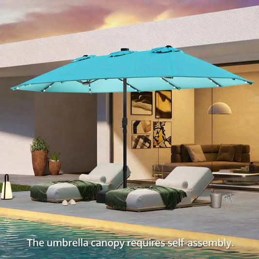 Ombrellone solare 4,5 x 4 m con base; ombrellone doppio da esterno di grandi dimensioni dotato di 36 luci LED e meccanismo a manovella: ideale per giardini, terrazze, zone piscina e spazi all'aperto.