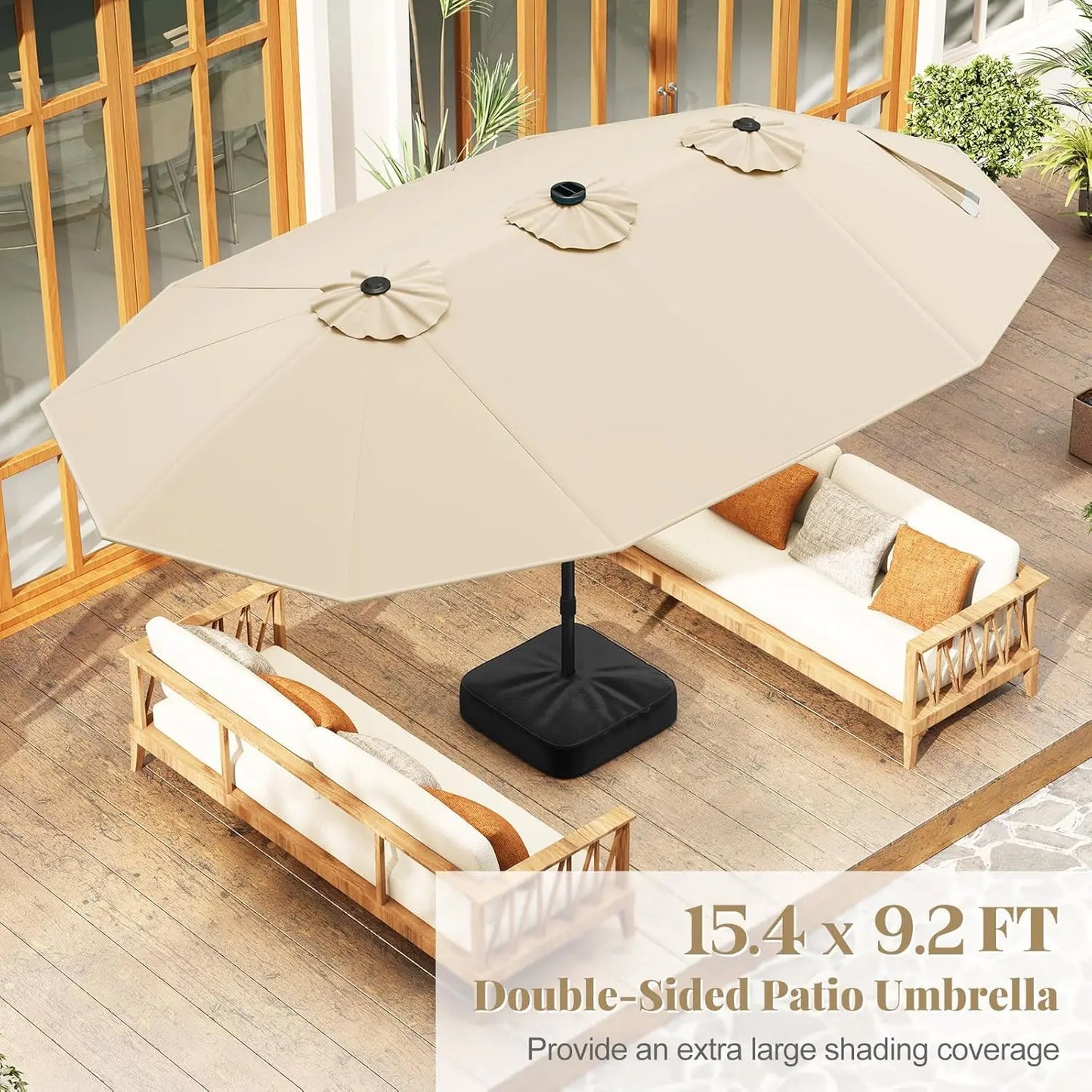 Ombrellone solare 4,5 x 4 m con base; ombrellone doppio da esterno di grandi dimensioni dotato di 36 luci LED e meccanismo a manovella: ideale per giardini, terrazze, zone piscina e spazi all'aperto.