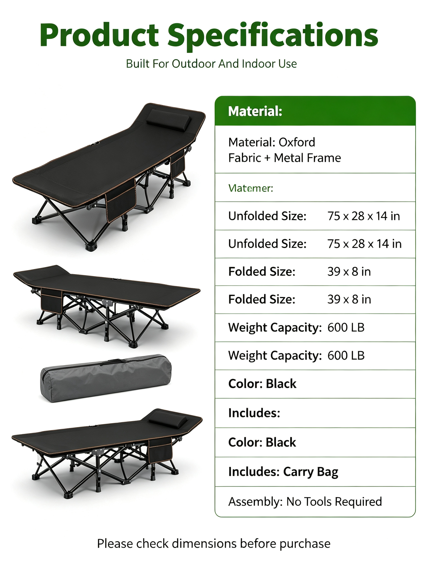 Heavy Duty Foldable Camping Bed | Portable Sturdy Guest Cot for Indoor & Outdoor Use