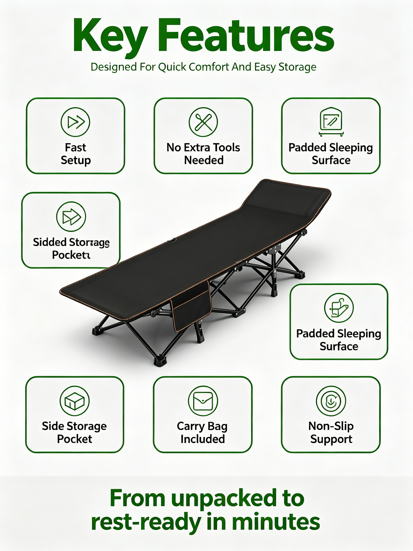 Heavy Duty Foldable Camping Bed | Portable Sturdy Guest Cot for Indoor & Outdoor Use