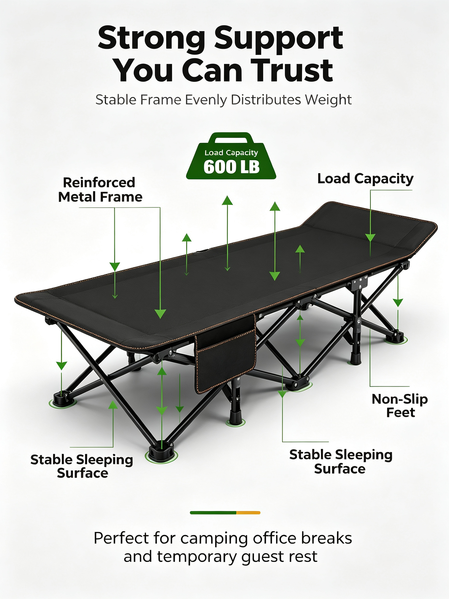 Heavy Duty Foldable Camping Bed | Portable Sturdy Guest Cot for Indoor & Outdoor Use