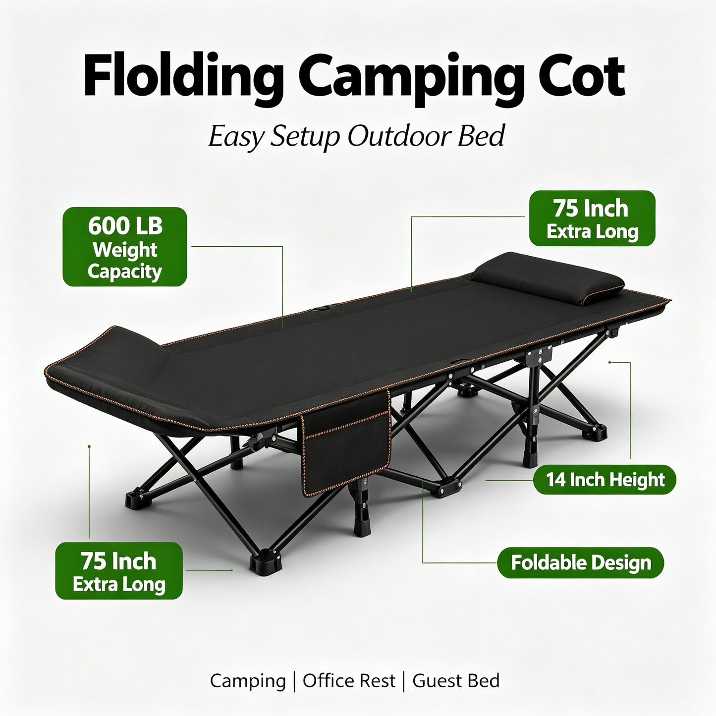 Heavy Duty Foldable Camping Bed | Portable Sturdy Guest Cot for Indoor & Outdoor Use