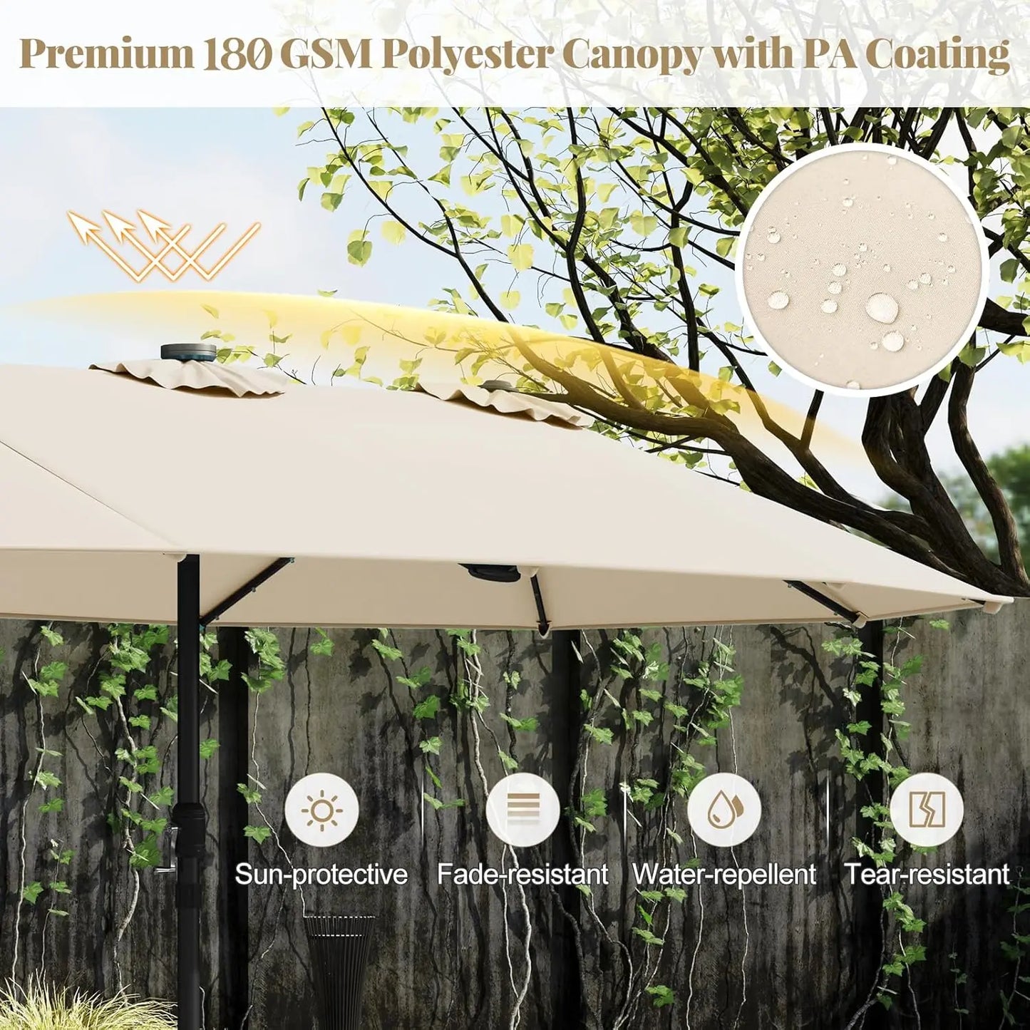 Ombrellone solare 4,5 x 4 m con base; ombrellone doppio da esterno di grandi dimensioni dotato di 36 luci LED e meccanismo a manovella: ideale per giardini, terrazze, zone piscina e spazi all'aperto.