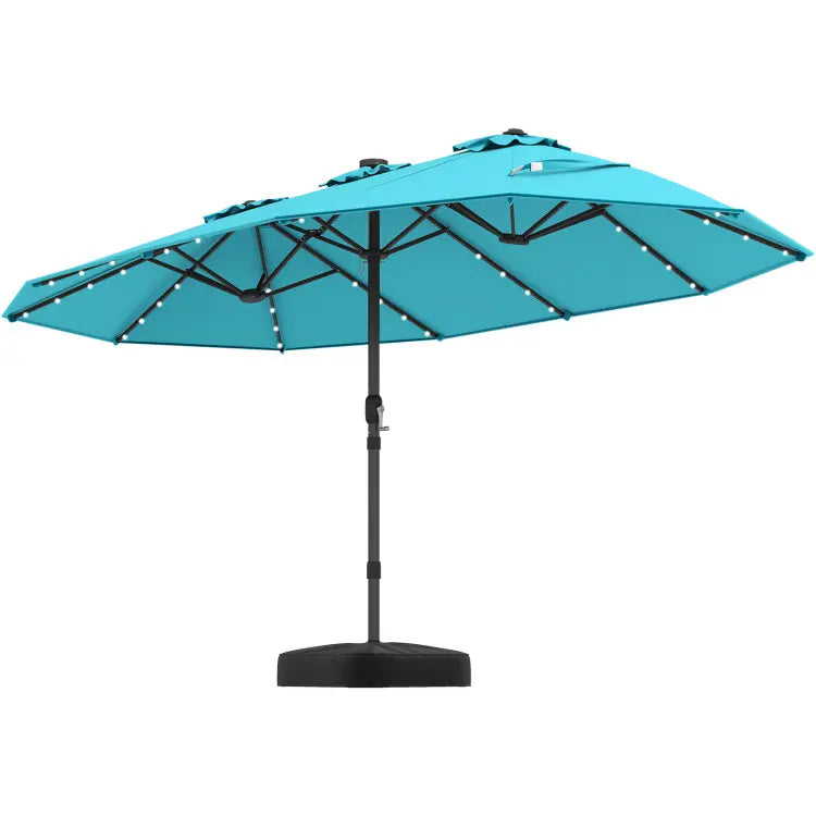 Ombrellone solare 4,5 x 4 m con base; ombrellone doppio da esterno di grandi dimensioni dotato di 36 luci LED e meccanismo a manovella: ideale per giardini, terrazze, zone piscina e spazi all'aperto.