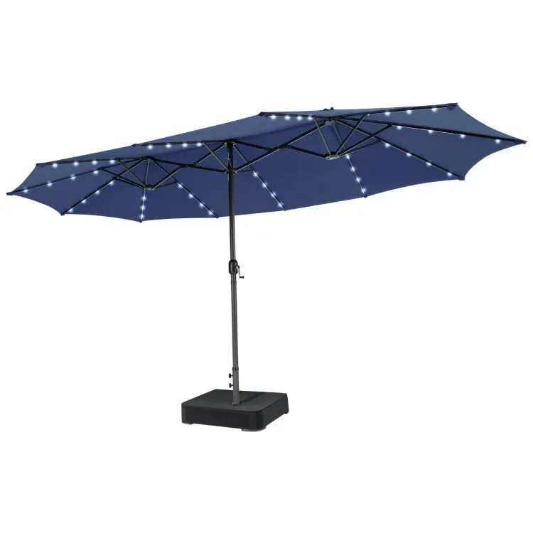 Ombrellone solare 4,5 x 4 m con base; ombrellone doppio da esterno di grandi dimensioni dotato di 36 luci LED e meccanismo a manovella: ideale per giardini, terrazze, zone piscina e spazi all'aperto.