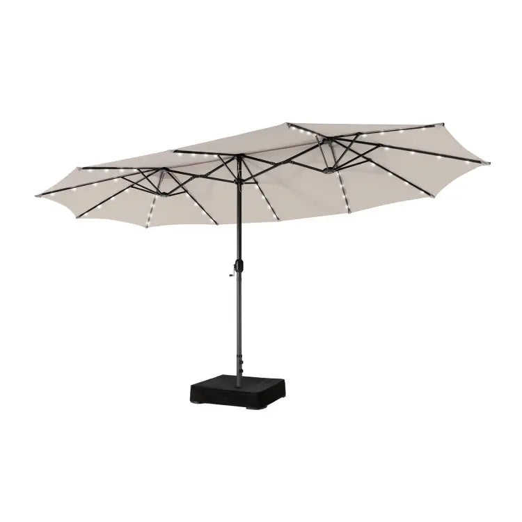 Ombrellone solare 4,5 x 4 m con base; ombrellone doppio da esterno di grandi dimensioni dotato di 36 luci LED e meccanismo a manovella: ideale per giardini, terrazze, zone piscina e spazi all'aperto.