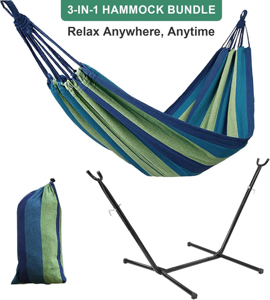 Basic Series Double Hammock, featuring a 9-foot space-saving steel stand and a storage bag, with a weight capacity of 450 pounds
