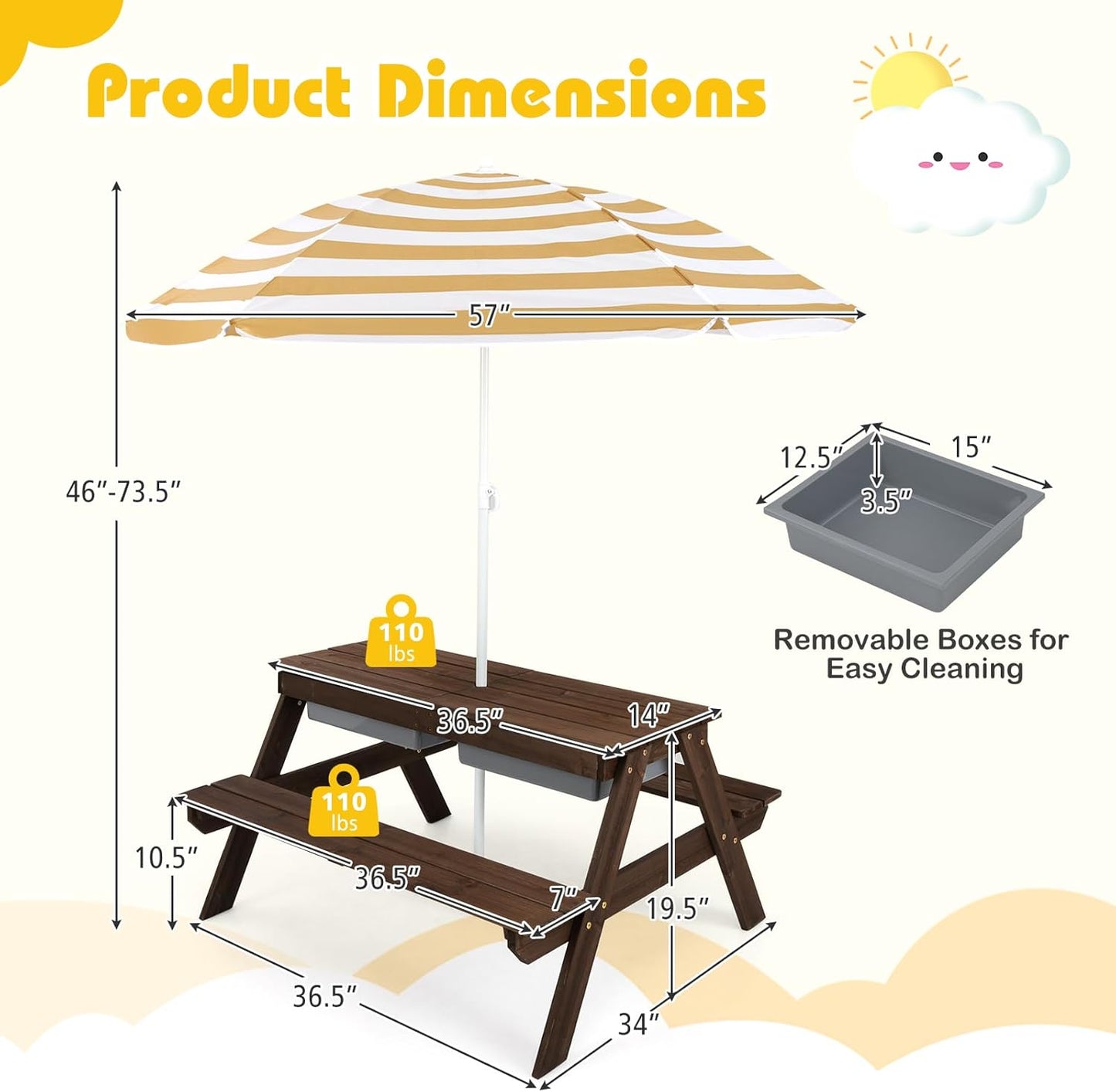 Kids Picnic Table with Sensory Bins, 4 in 1