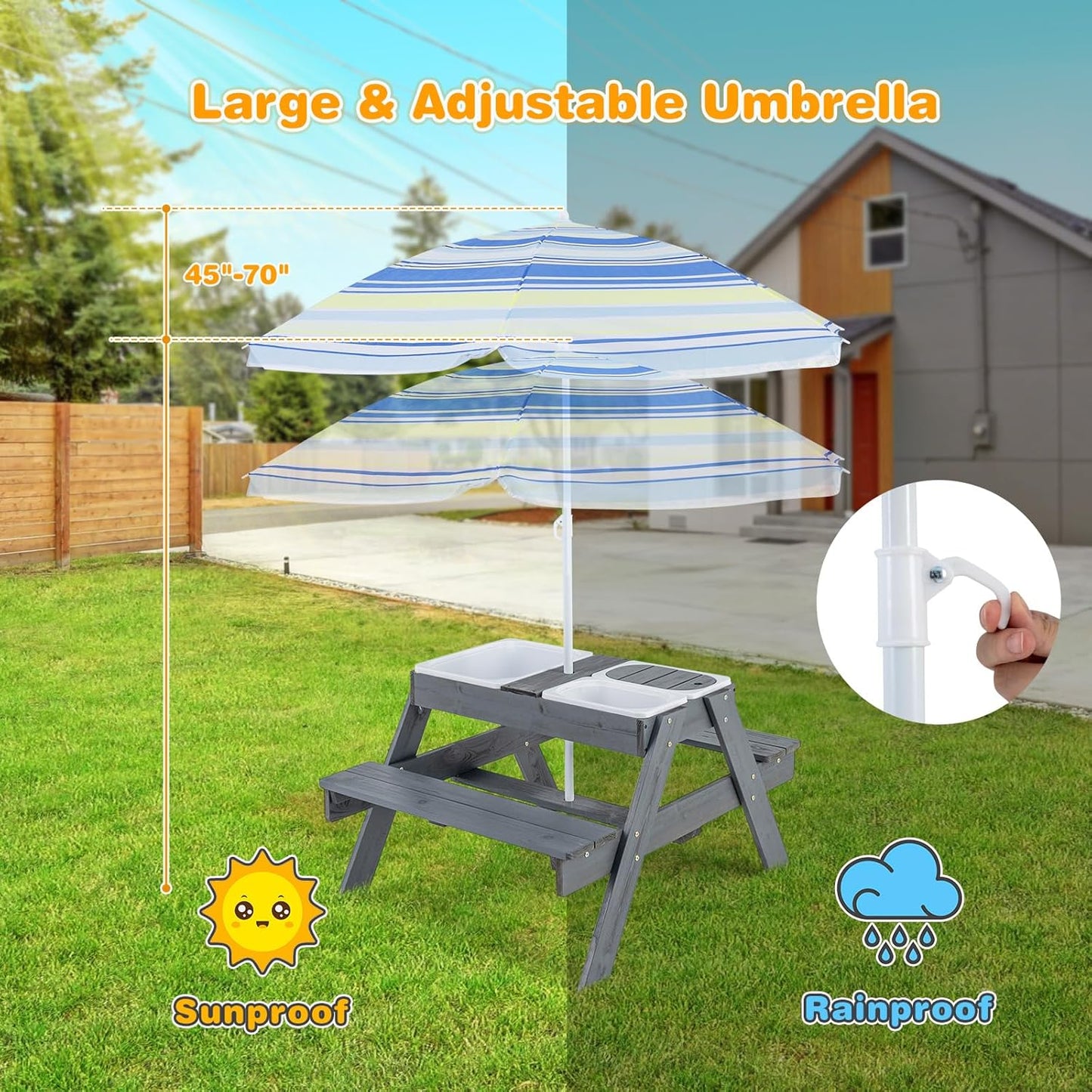 Kids Picnic Table with Sensory Bins, 4 in 1
