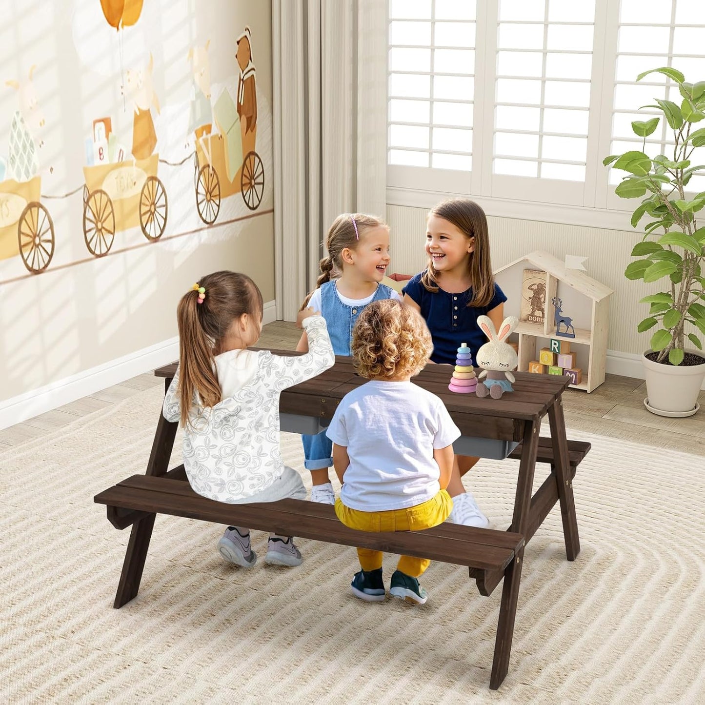 Kids Picnic Table with Sensory Bins, 4 in 1