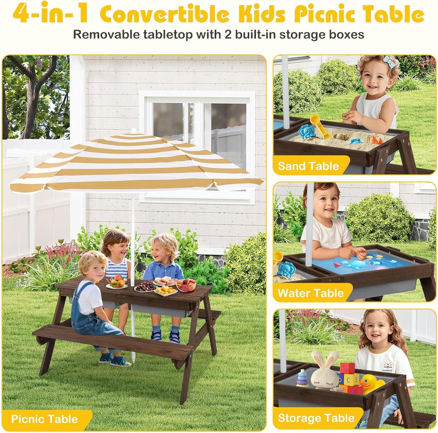 Kids Picnic Table with Sensory Bins, 4 in 1