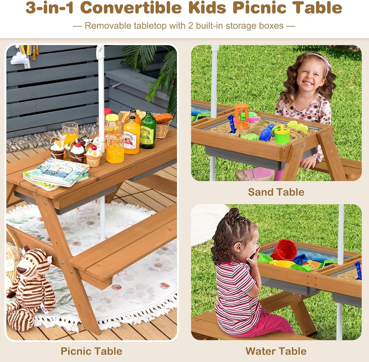 Kids Picnic Table with Sensory Bins, 4 in 1