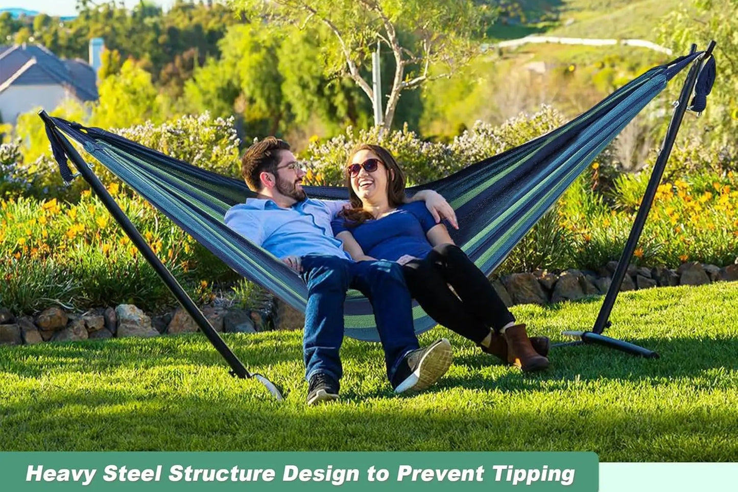 Basic Series Double Hammock, featuring a 9-foot space-saving steel stand and a storage bag, with a weight capacity of 450 pounds