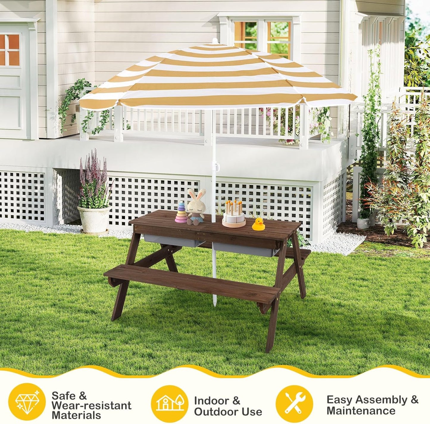 Kids Picnic Table with Sensory Bins, 4 in 1