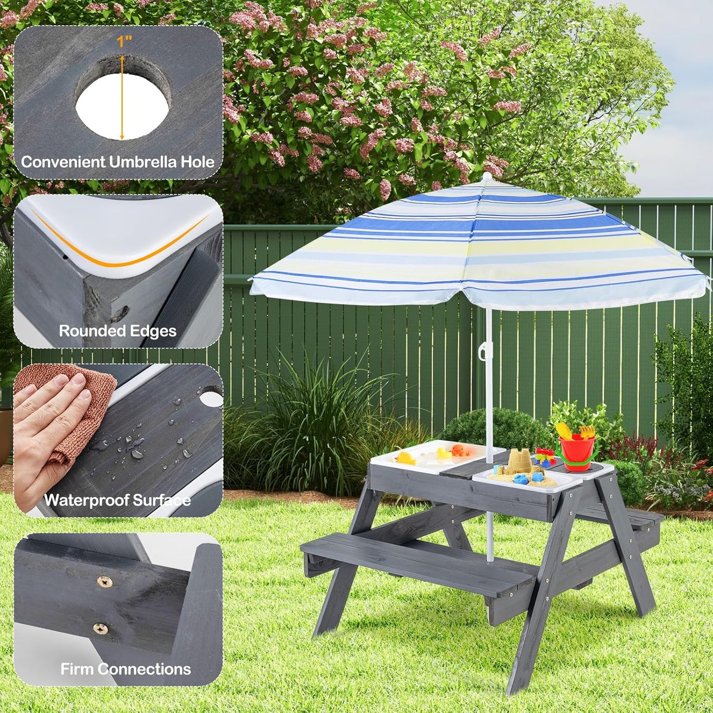 Kids Picnic Table with Sensory Bins, 4 in 1
