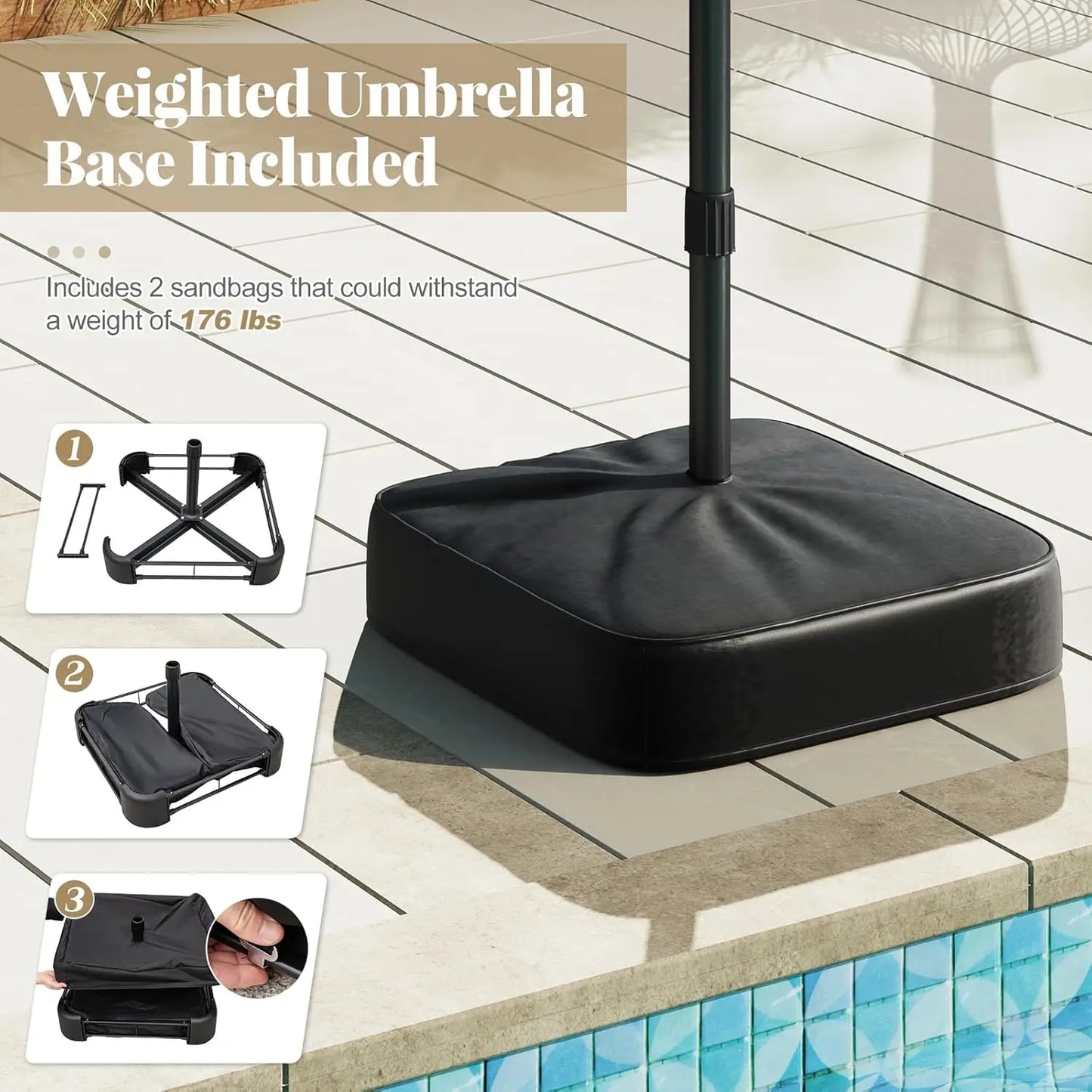 Ombrellone solare 4,5 x 4 m con base; ombrellone doppio da esterno di grandi dimensioni dotato di 36 luci LED e meccanismo a manovella: ideale per giardini, terrazze, zone piscina e spazi all'aperto.