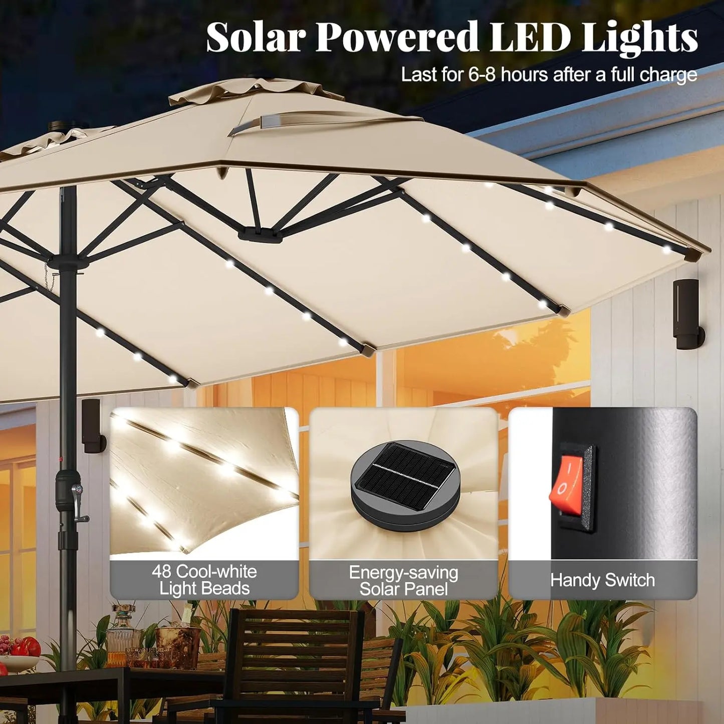 Ombrellone solare 4,5 x 4 m con base; ombrellone doppio da esterno di grandi dimensioni dotato di 36 luci LED e meccanismo a manovella: ideale per giardini, terrazze, zone piscina e spazi all'aperto.