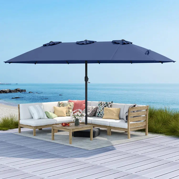 Ombrellone solare 4,5 x 4 m con base; ombrellone doppio da esterno di grandi dimensioni dotato di 36 luci LED e meccanismo a manovella: ideale per giardini, terrazze, zone piscina e spazi all'aperto.