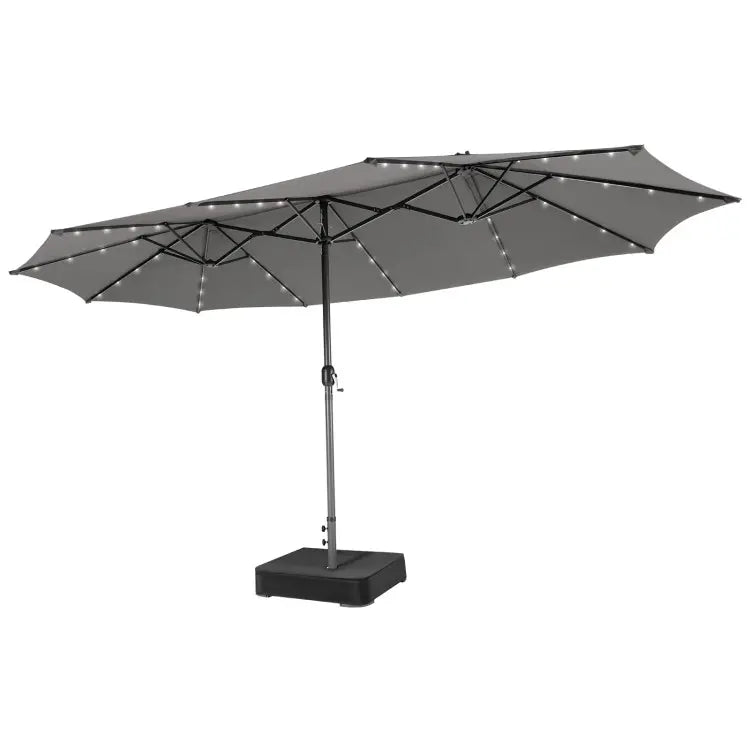 Ombrellone solare 4,5 x 4 m con base; ombrellone doppio da esterno di grandi dimensioni dotato di 36 luci LED e meccanismo a manovella: ideale per giardini, terrazze, zone piscina e spazi all'aperto.