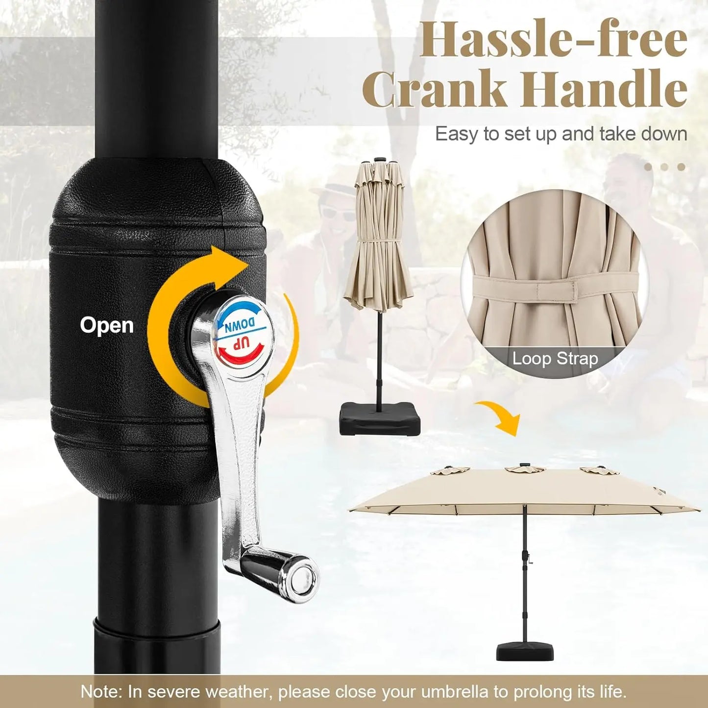 Ombrellone solare 4,5 x 4 m con base; ombrellone doppio da esterno di grandi dimensioni dotato di 36 luci LED e meccanismo a manovella: ideale per giardini, terrazze, zone piscina e spazi all'aperto.